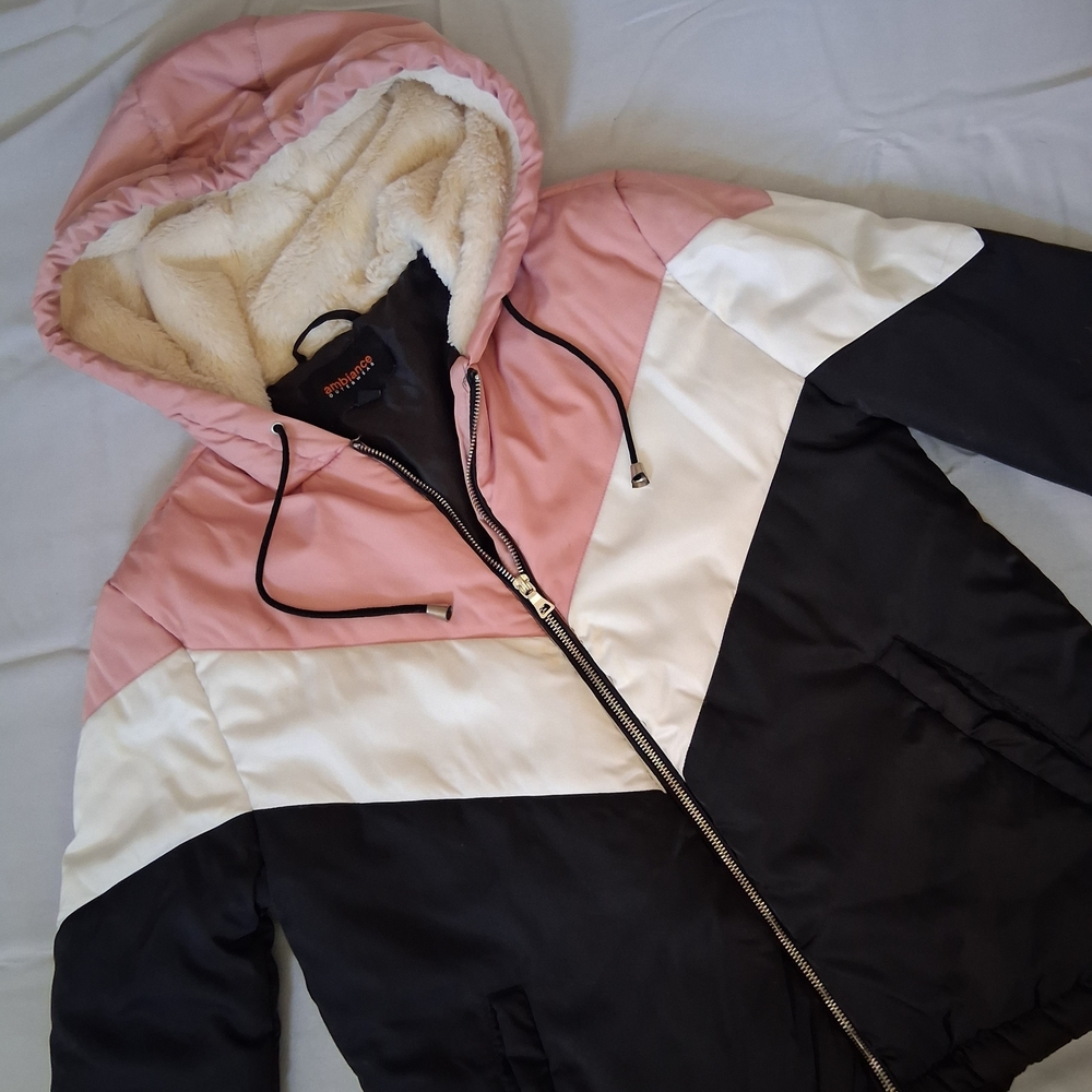 Fashion Nova Ambiance pink, white, and black color block Hooded Puffer Jacket